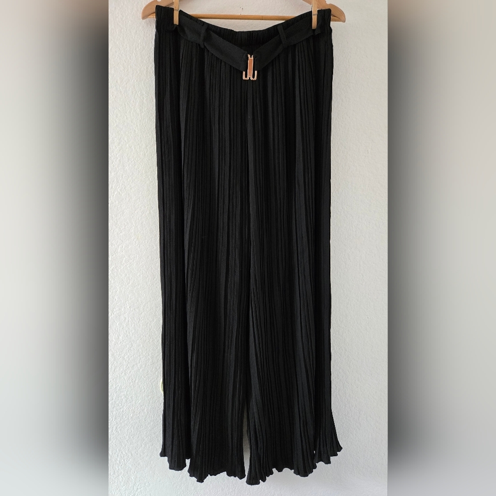 Alice Blue Black Pleated Wide-Leg Pants with Buckle Belt